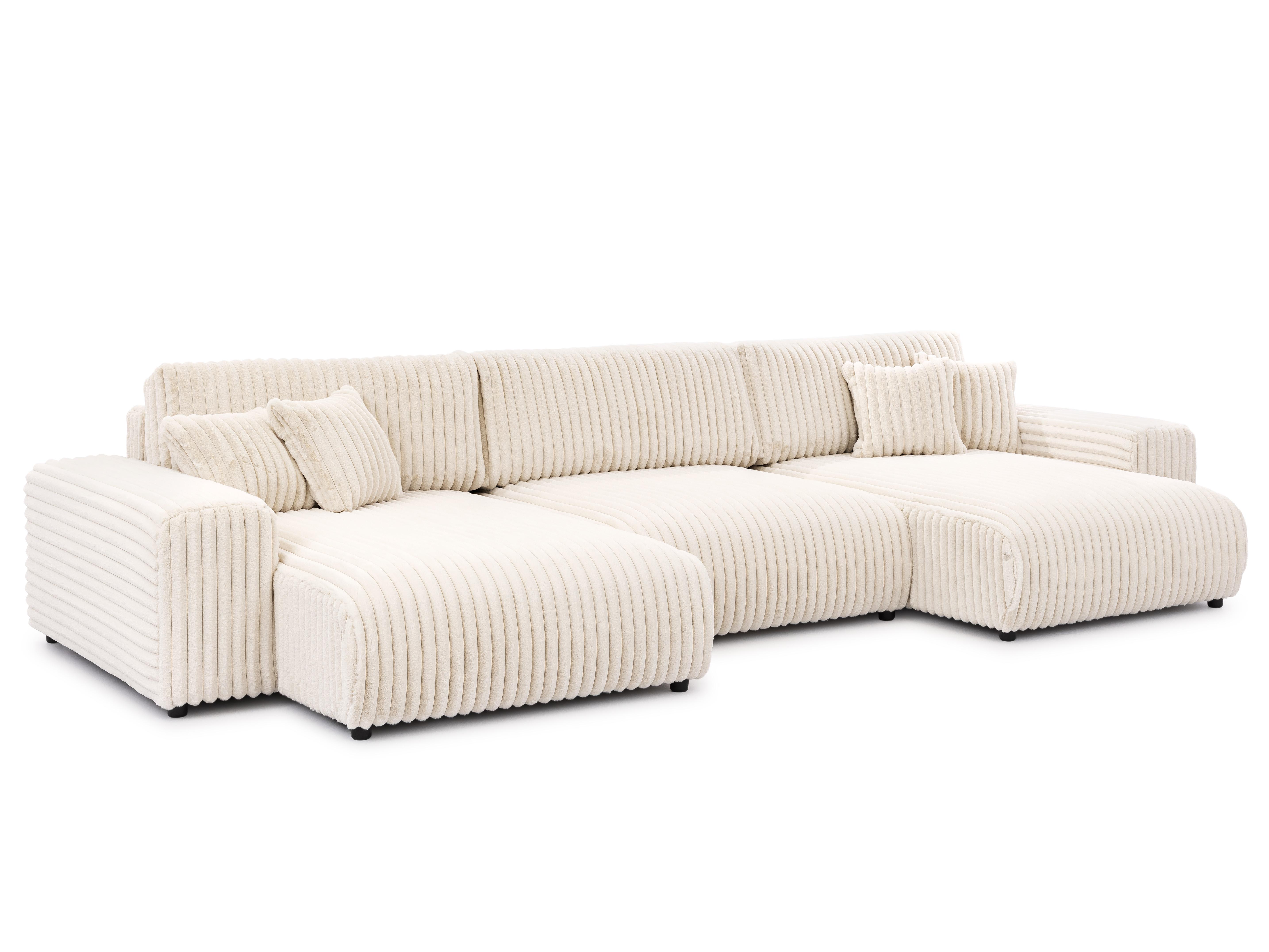 WOHNLANDSCHAFT Mollis Hellbeige Plüschcord mit Schlaffunktion - Beige/Schwarz, Holz/Kunststoff (350/77/168cm) - S-Style Möbel