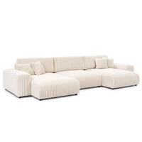 WOHNLANDSCHAFT Mollis Hellbeige Plüschcord mit Schlaffunktion - Beige/Schwarz, Holz/Kunststoff (350/77/168cm) - S-Style Möbel