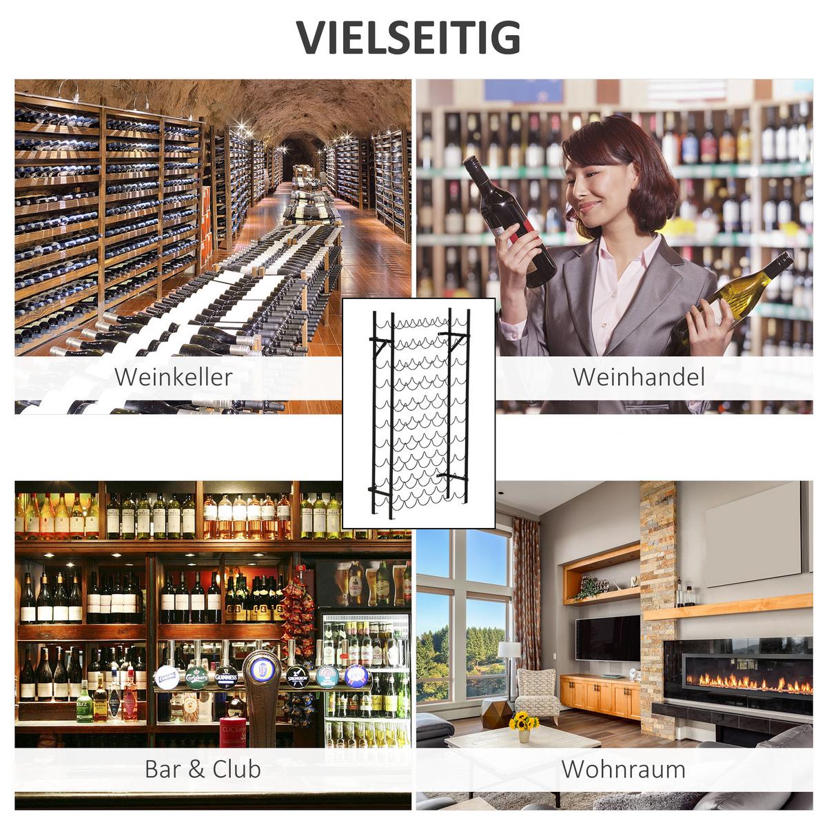 WEINREGAL Weinständer Flaschenregal 60 Flaschen Wandbefestigung Metall Schwarz - Schwarz, Metall (205/118/63cm) - HOMCOM