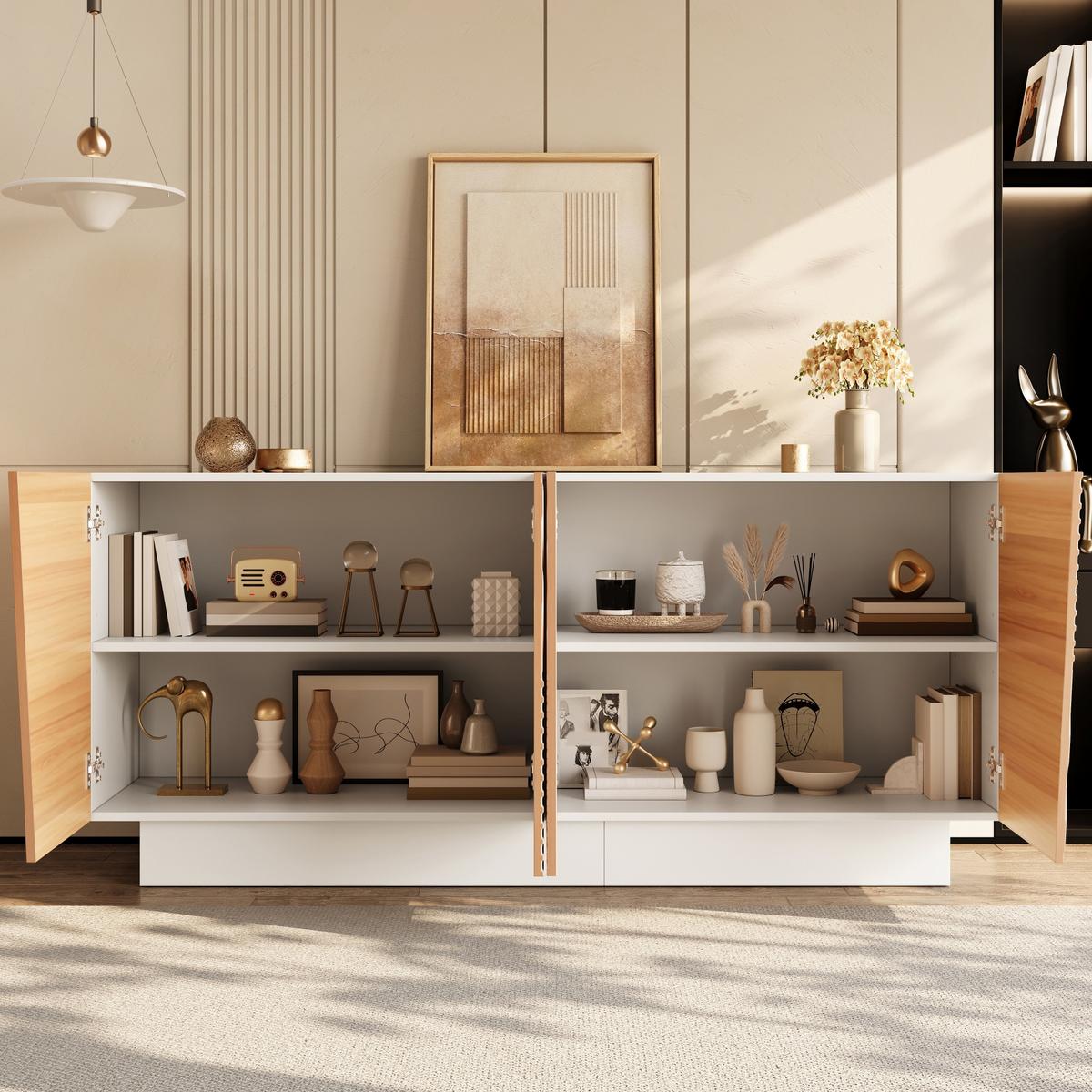 SIDEBOARD 160cm Weiß & Naturholzoptik mit 4 Türen & Geometrischen Rillen - Naturfarben, Holzwerkstoff (160/72/40.5cm) - Urban Meuble