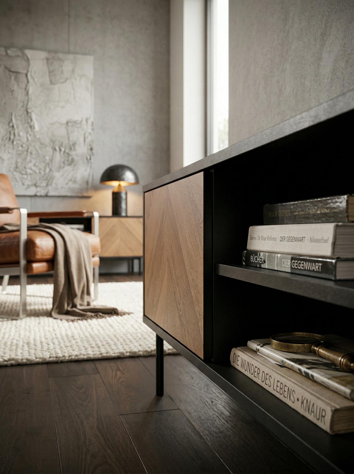 LOWBOARD Modern Stil mit V-Muster für 70-Zoll Fernseher - Schwarz, Holz/Metall (163/45/40cm) - KADIMA DESIGN