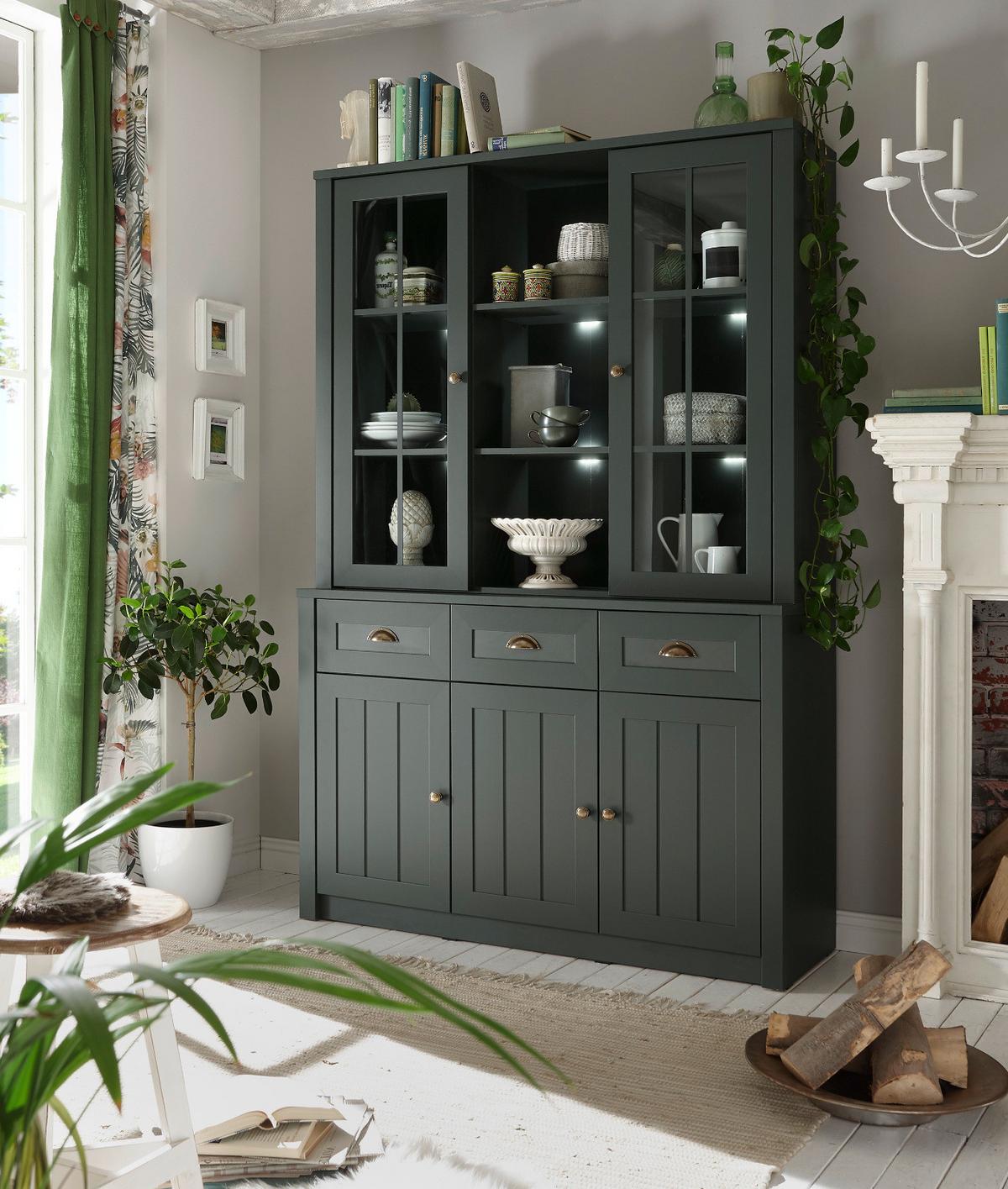 BUFFETSCHRANK grün 130 x 196 cm, Buffet im Landhaus-Stil mit viel Stauraum - Chromfarben/Schwarz, Glas/Holzwerkstoff (130/196/43cm) - Furn.Design