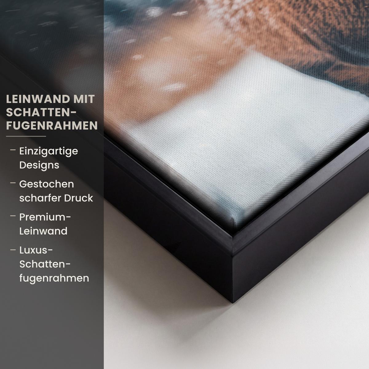 LEINWAND Bilder mit Rahmen - Hirsche - Tiere - Landschaft - Winter - Schnee - 70x100 - Kastanienfarben, Textil (70/100cm) - MuchoWow