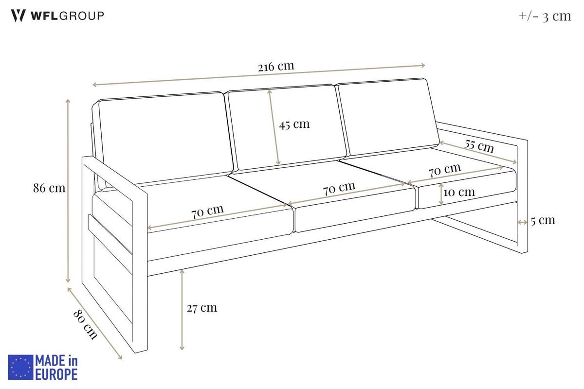 GARTENBANK Bellano Outdoor 3-Sitzer Polster-Loungebank, Stahlgestell Kaschmir, Hellgrau 76/216/80 cm - Grau, Textil (216/86/80cm) - WFL GROUP