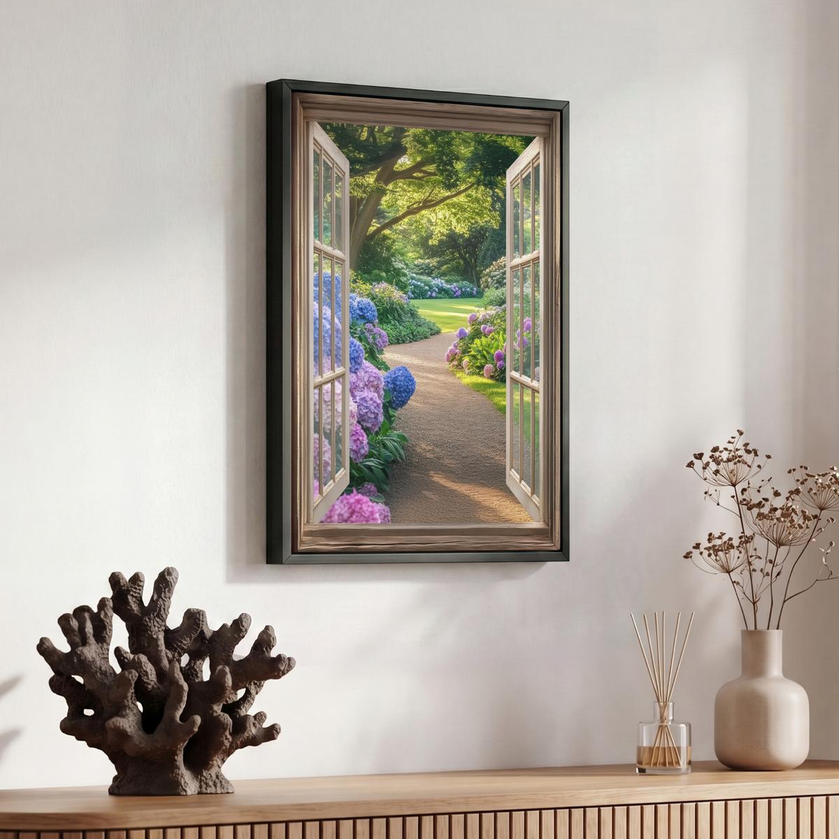 LEINWAND Bilder mit Rahmen - Aussicht - Garten - Fenster - Hortensie - Blumen - 30x40 - Pastellblau, Textil (30/40cm) - MuchoWow