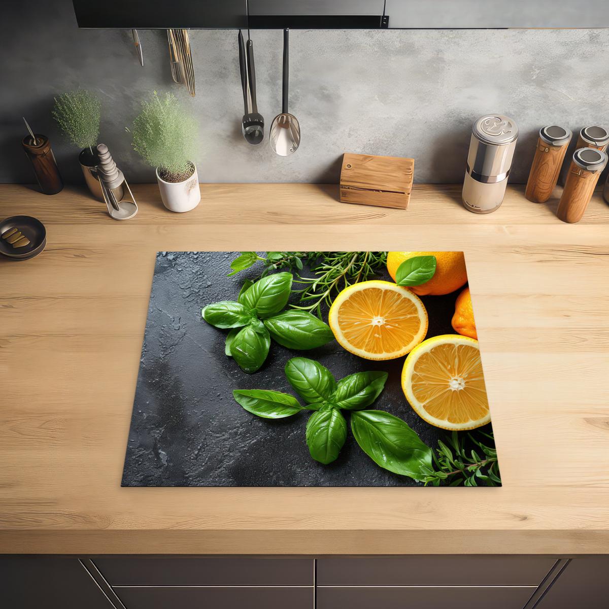 HERDABDECKPLATTE Obst - Grau - Konkret - Orange - Pflanzen Abdeckung Ceranfeld 57.6x51.6 cm - Anthrazit, Kunststoff (57.6/51.6/0.2cm) - MuchoWow
