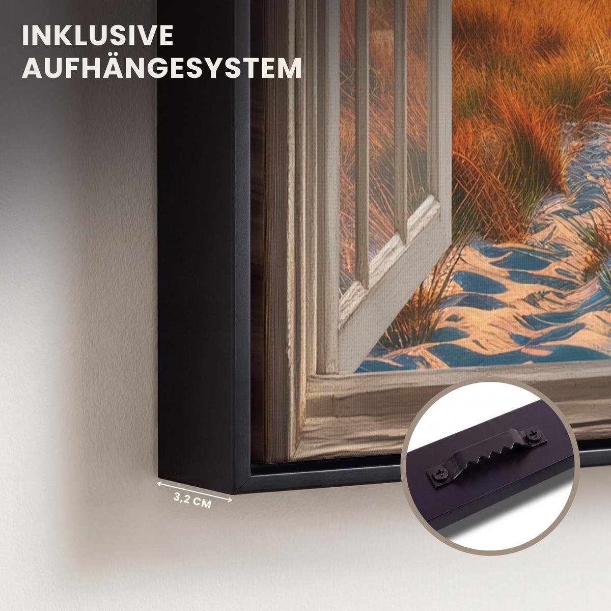 LEINWAND Bilder mit Rahmen - Aussicht - Fenster - Leuchtturm - Sonnenuntergang - Strand - 40x60 - Dunkelorange, Textil (40/60cm) - MuchoWow