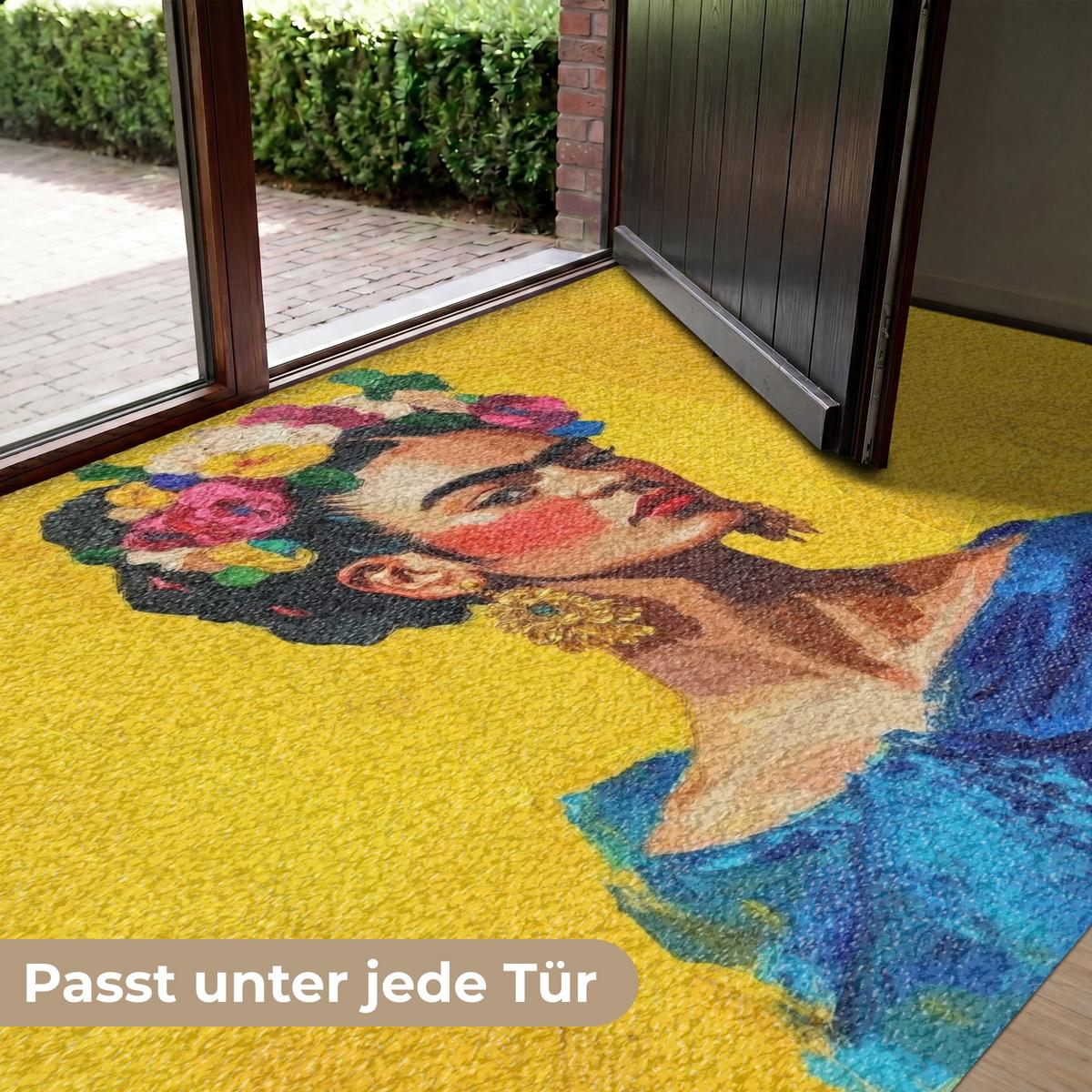 FUSSMATTE Frida Kahlo - Frau - Gelb - Blau - Blumen Schmutzfangmatte 180x120 cm - Gelb, Kunststoff (180/0.4cm) - MuchoWow