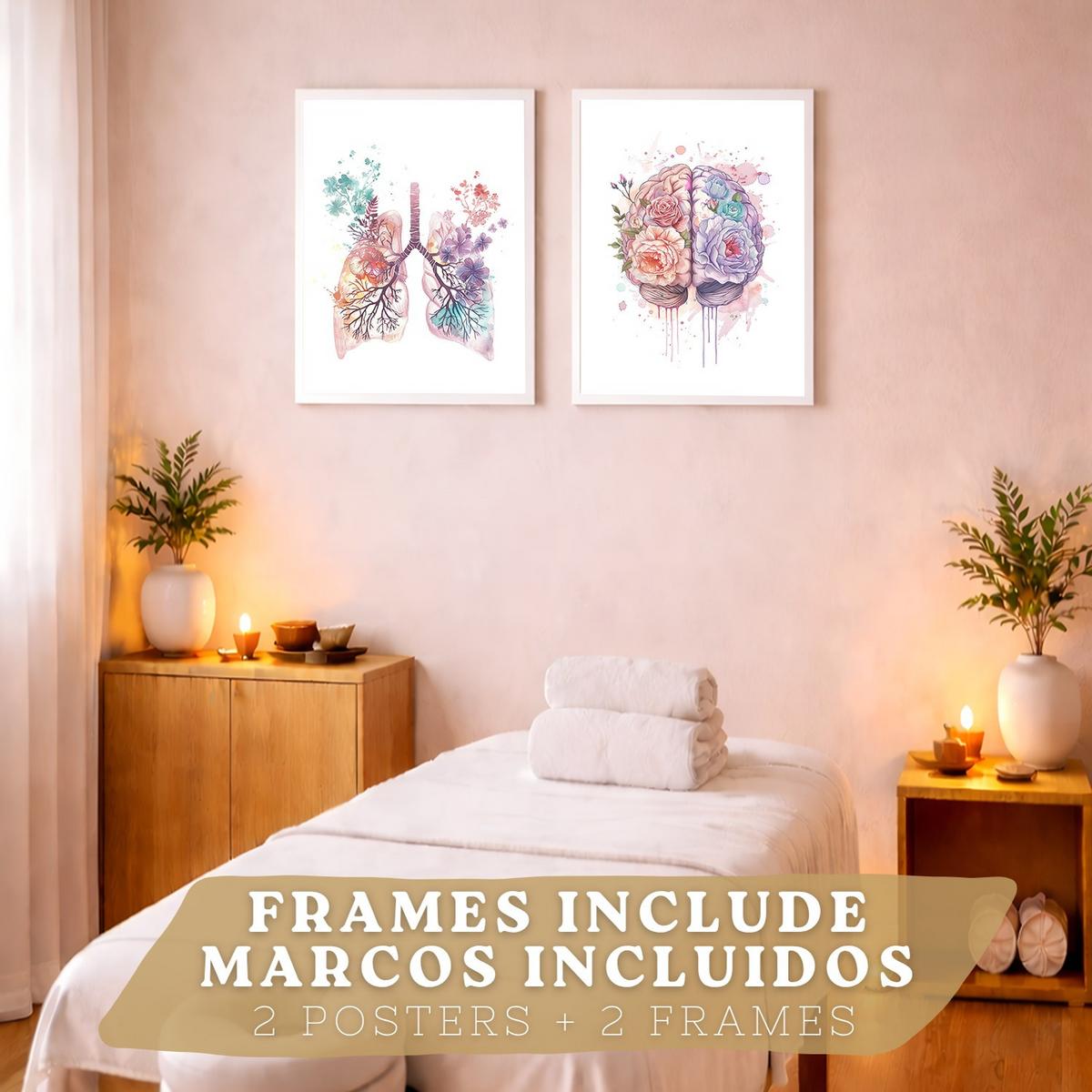 POSTER Set aus 2 Anatomie Mensch Drucke und mit Lungen Luftröhre Bronchien und Gehirn Pastellfarbenes Florales Aquarell Größe Weißer Rahmen A3 - Weiß, Papier (29.7/42/3cm) - Nacnic
