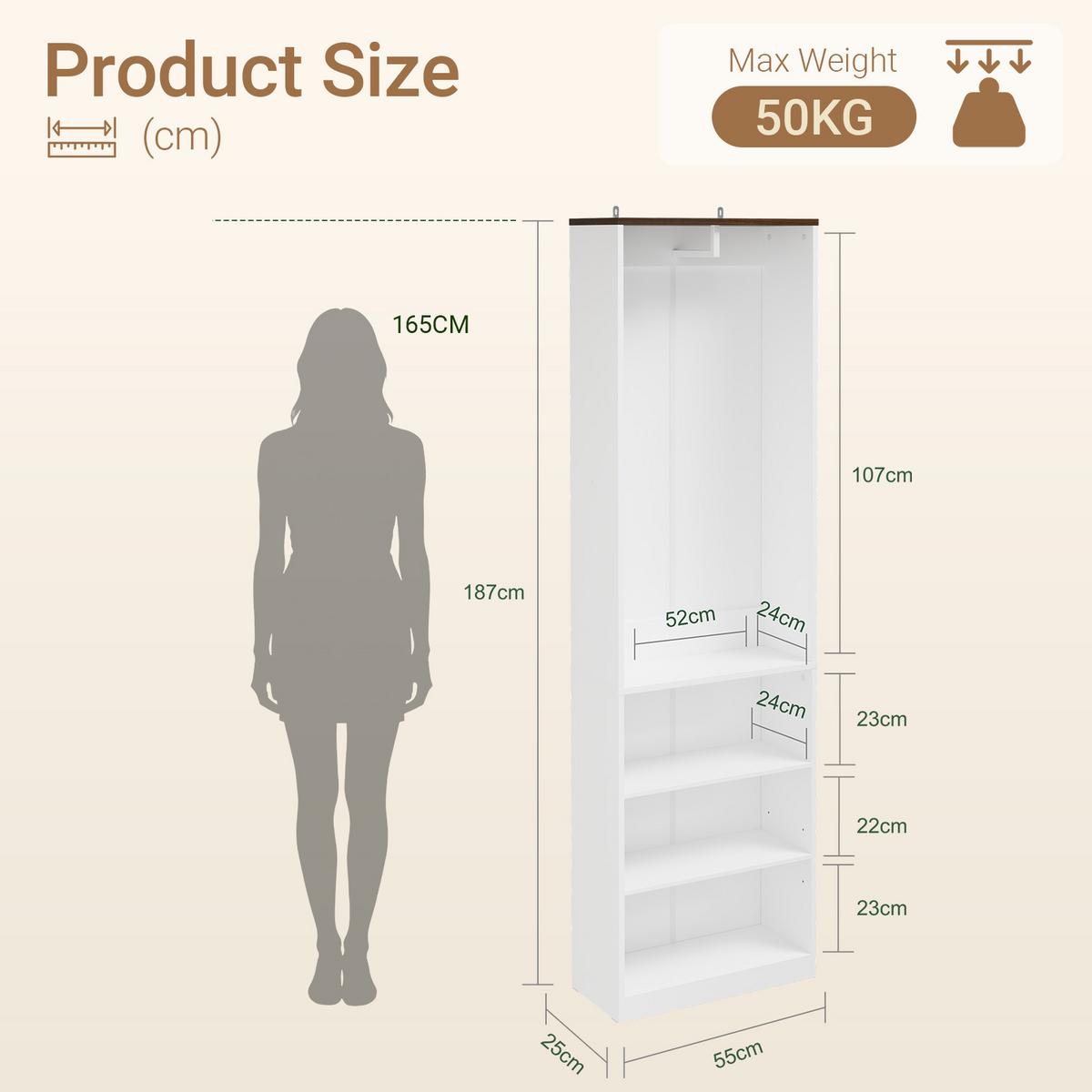 OFFENER Kleiderschrank mit Kleiderstange KSB02-W - Ahornfarben, Fell (55/187/25cm) - SoBuy