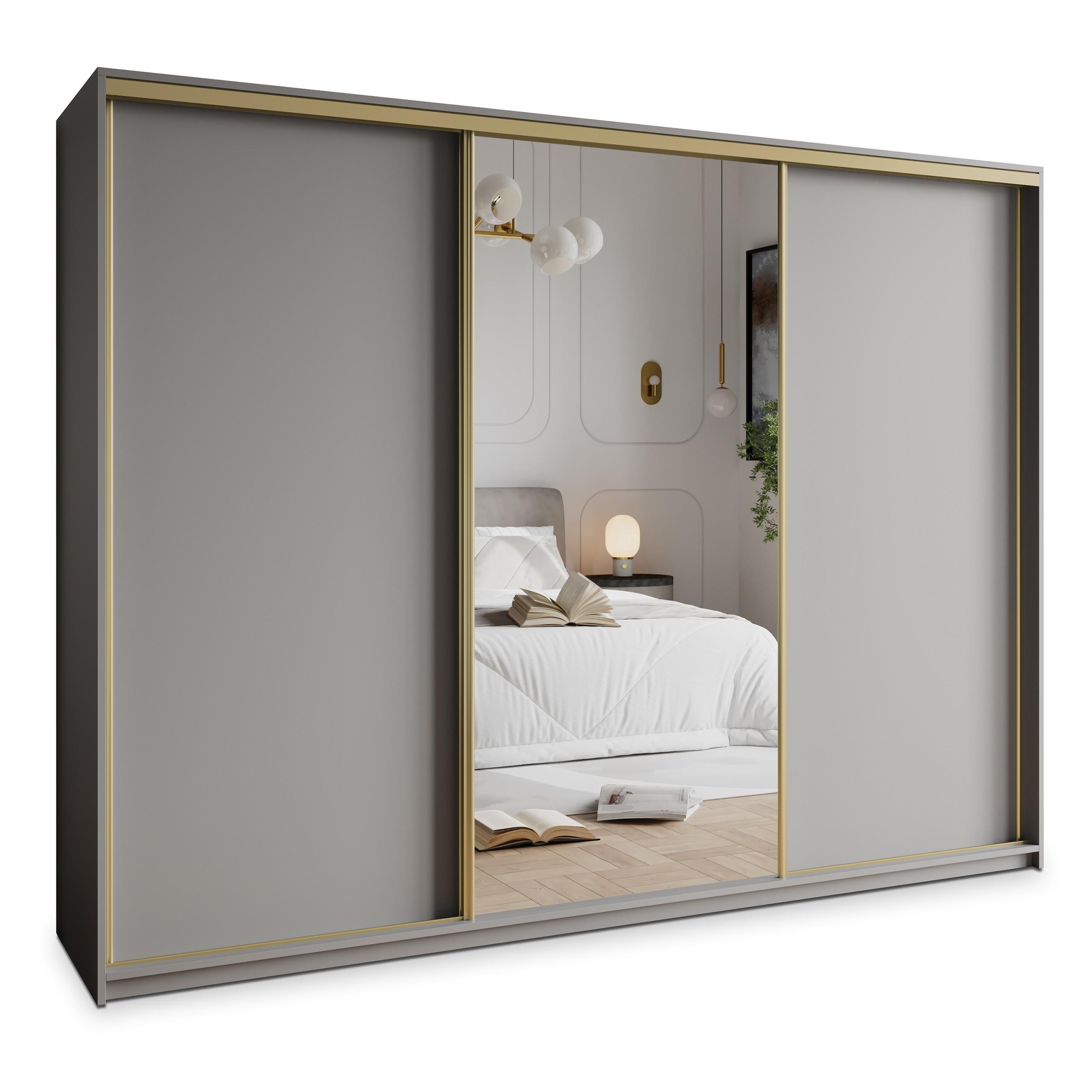 SCHWEBETÜRENSCHRANK TAVI 250/205/60 cm 3-türig mit Spiegel und Schubladen Graphitfarben - Goldfarben/Graphitfarben, Holzwerkstoff (250/205/60cm) - MASSENO
