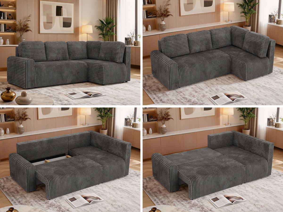 ECKSOFA NESSARO COR L - Grau Cord - Rechts - Schwarz/Grau, Kunststoff/Textil (240/151cm) - MKS
