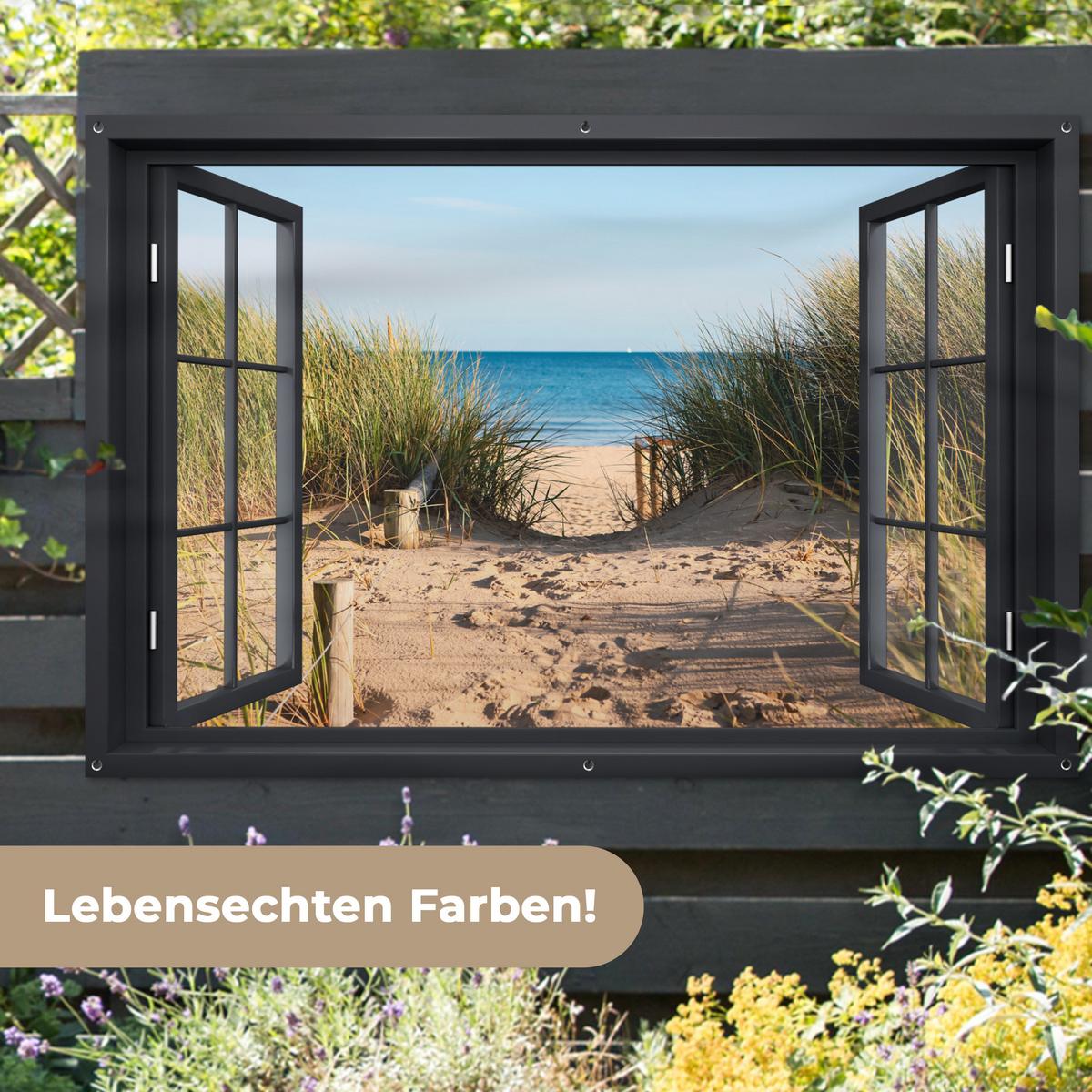 GARTENPOSTER Durchblick - Strand - Meer - Sand - Wasser - Strandhafer - Dünen Poster für draußen 180x120 cm - Sandfarben, Kunststoff (180/120/0.2cm) - OnlyWow