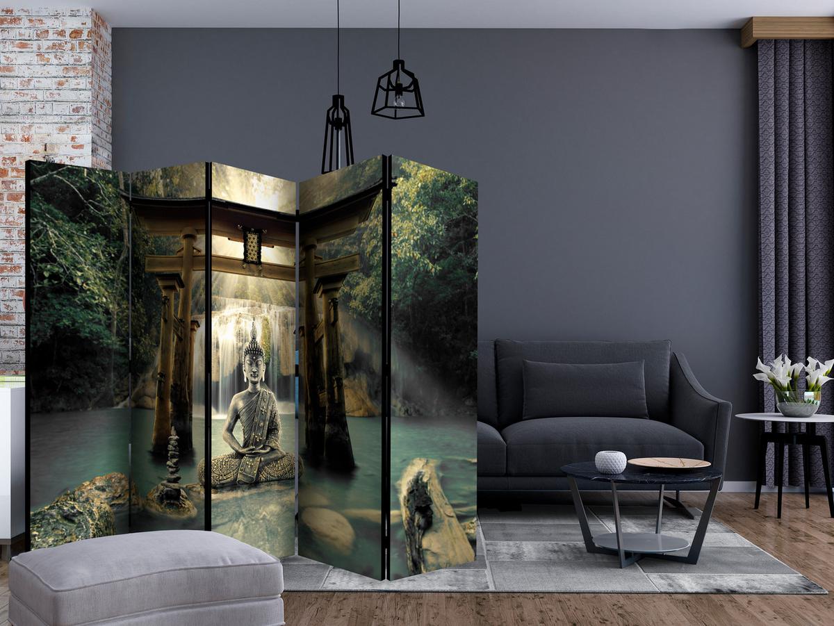 PARAVENT Einseitig Bedruckter 5-tlg 225x172 cm Buddha Wasserfall - Multicolor, Holz/Textil (225/172/3cm) - Muralo