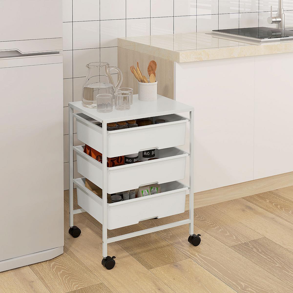 ROLLWAGEN, Servierwagen mit 3 Etagen, 40,8 x 33,5 x 60,5 cm, Weiß - Weiß, Metall (33.5/60.5/40.8cm) - HOMCOM