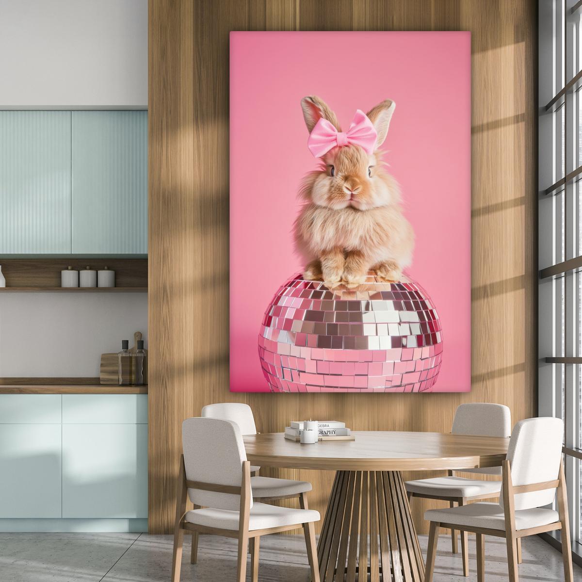 LEINWANDBILD Schleife - Discoball - Kaninchen Deko Groß 90x140 cm - Pink, Textil (90/140cm) - MuchoWow