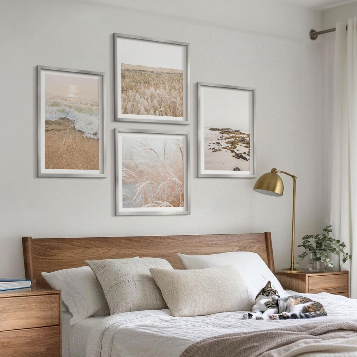 BILDER SET 4er Set - 50x50 cm & 40x60 cm Silberner Rahmen - Strandwellen, Steine, Sommer - Silberfarben, Kunststoff (50/50cm) - TULUP