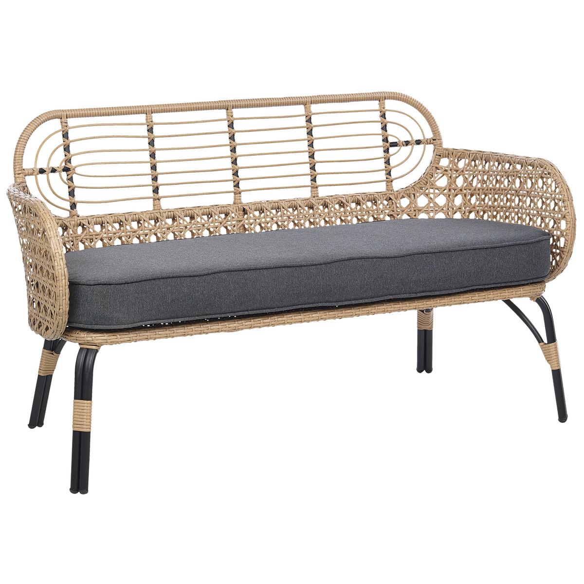 GARTENSOFA 2-Sitzer Rattan natürlich 122 cm Auflage graphitgrau Pratello - Beige/Schwarz, Kunststoff (122/79/59cm) - Beliani