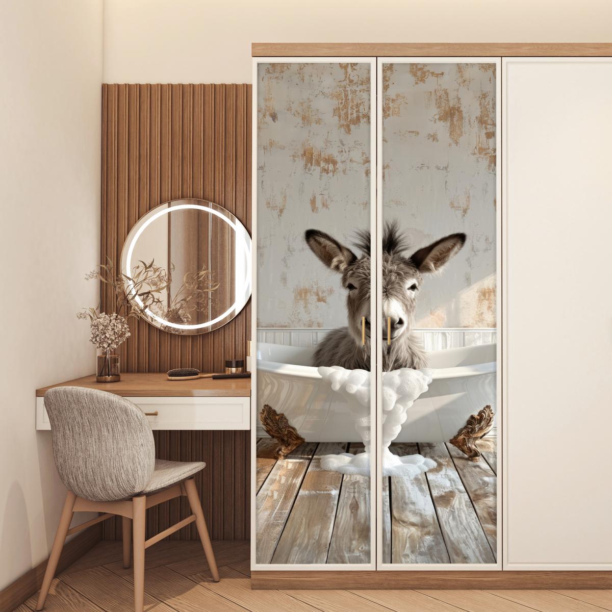 TÜRAUFKLEBER Esel - Tier - Vintage - Badewanne 90x215 cm - Türtapete - Eichefarben, Kunststoff (90/0.1cm) - MuchoWow