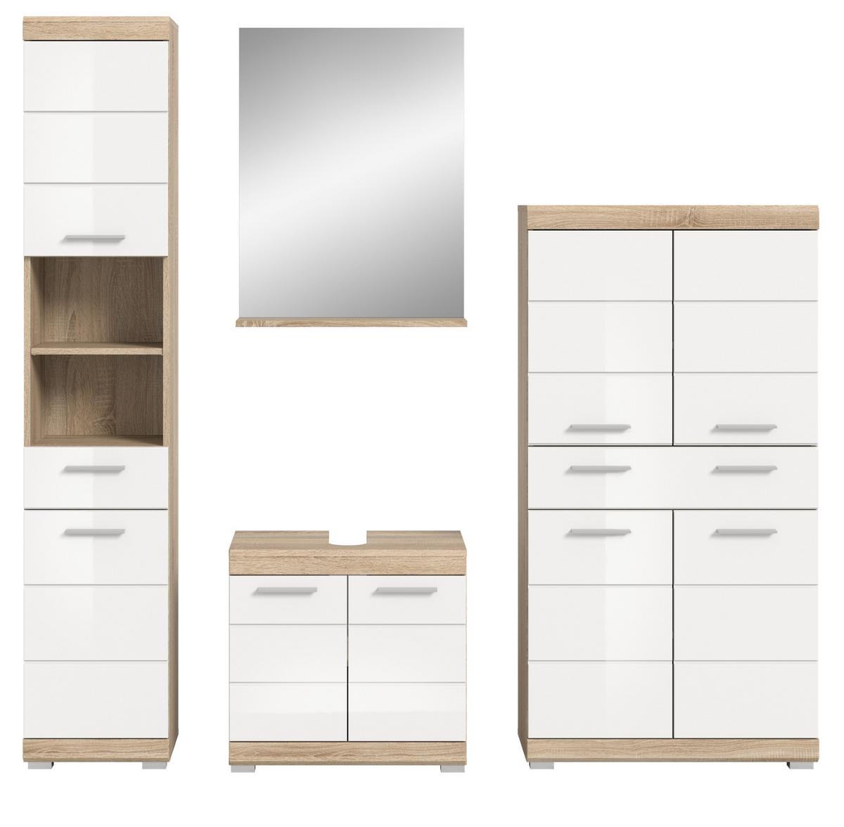 BADMÖBEL-SET weiß Hochglanz, Eiche 4-teilig 186 cm, viel Stauraum - Weiß Hochglanz/Eichefarben, Holzwerkstoff (186/191/34cm) - Inn.Furn