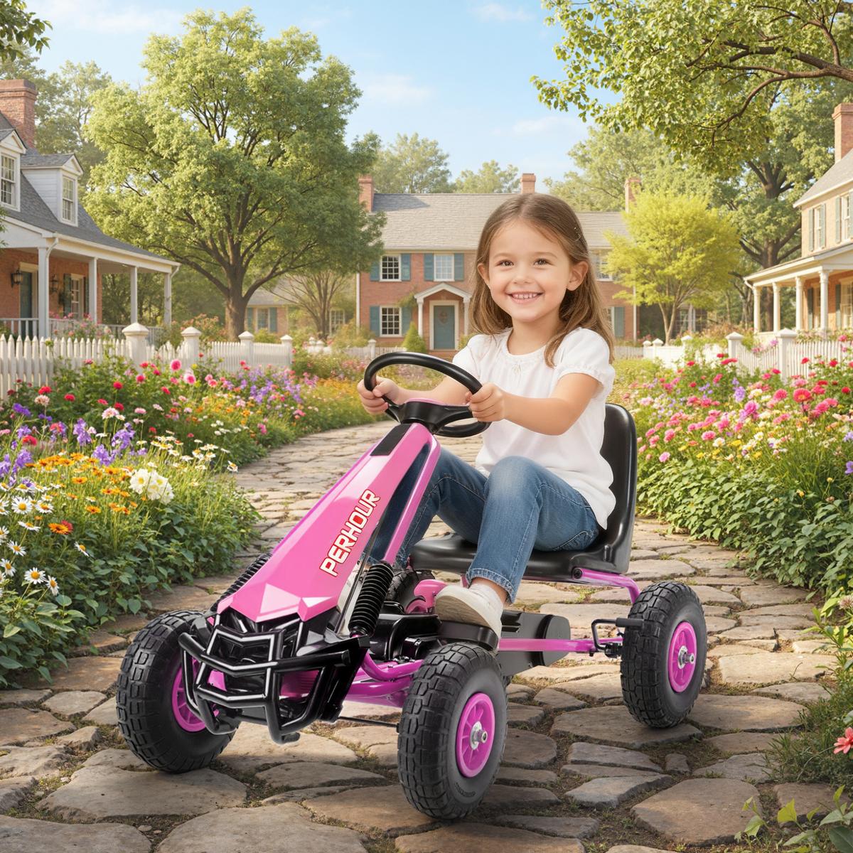 GOKART, Tretauto mit Handbremse, verstellbarem Sitz, Vor- und Rückwärtsgang - Rosa, Metall (110/61/62cm) - AIYAPLAY
