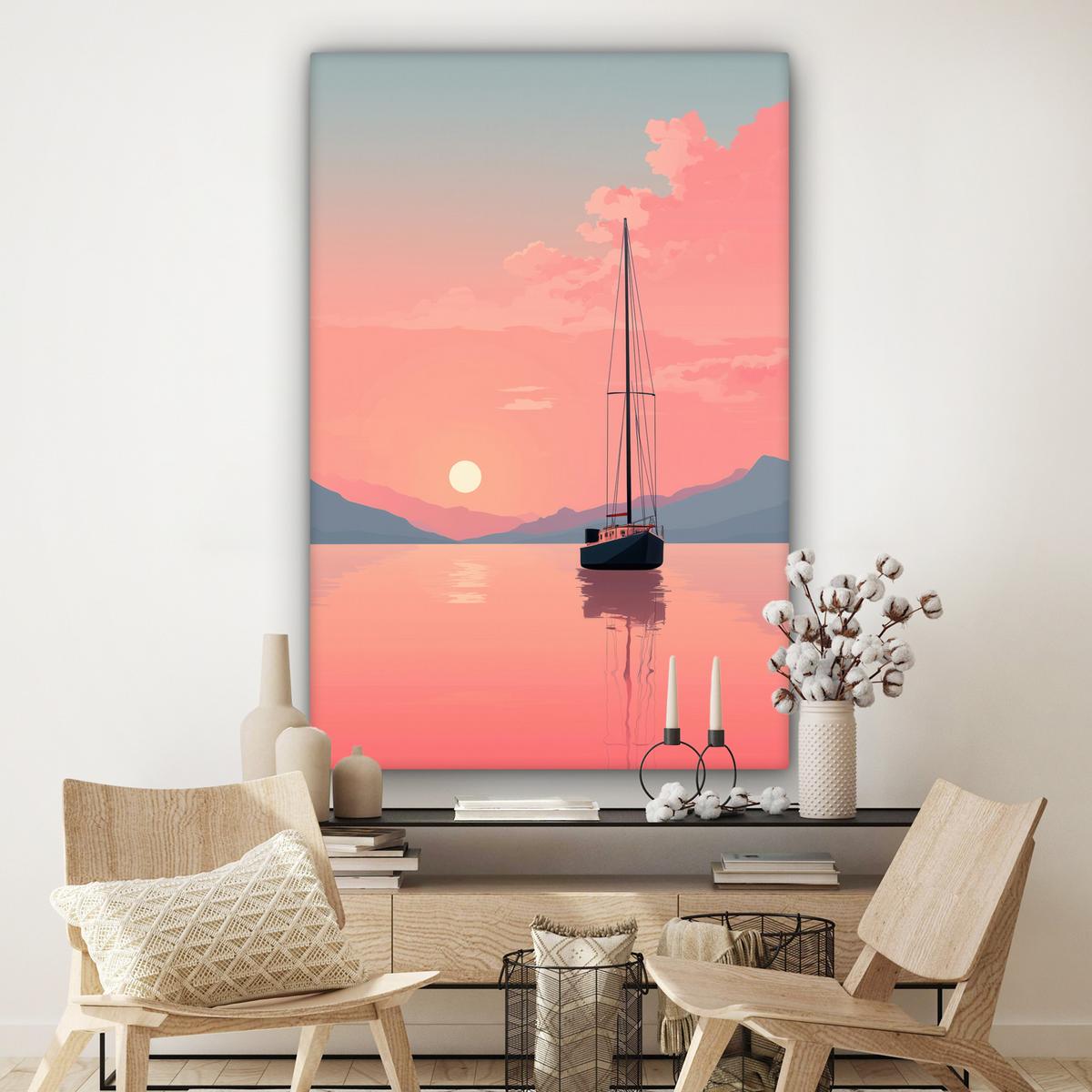 LEINWANDBILD Segelboot - Rosa Meer - Sonnenuntergang - Berge Deko Groß 90x140 cm - Rosa, Textil (90/140cm) - MuchoWow