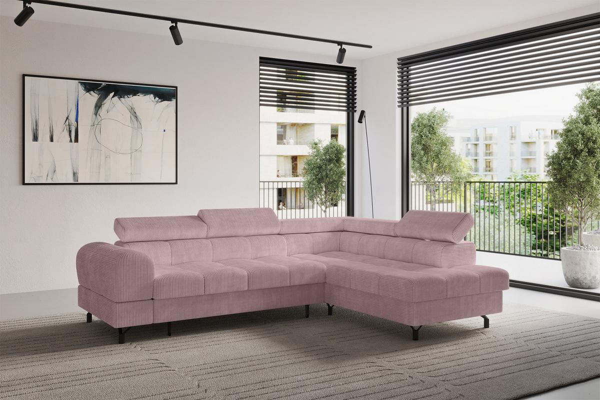 ECKSOFA mit Schlaffunktion Ottomane Rechts LUMA-L 272x203x70 Rosa Cord - Schwarz/Rosa, Holzwerkstoff/Kunststoff (203/272cm) - ALTDECOR