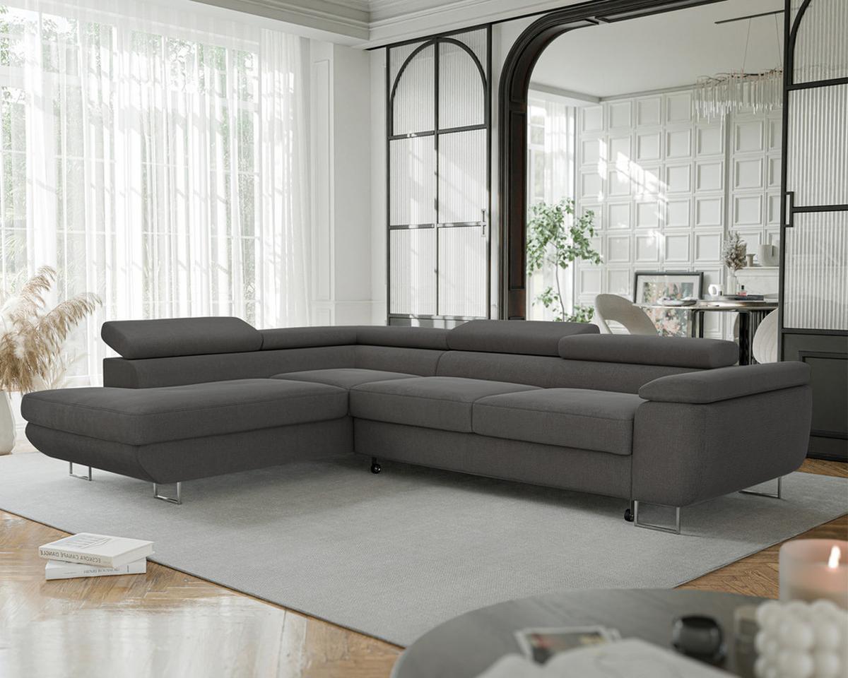 ECKSOFA ANTON links, mit Schlaffunktion und Bettkasten Anthrazit - Chromfarben/Anthrazit, Textil/Metall (274/203cm) - Idohome