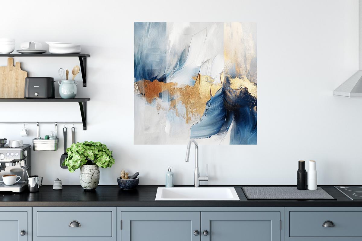 WANDTATTOO Gold - Blau - Aquarell - Kunst - Modern Wanddeko 50x50 cm - Hellblau, Kunststoff (50/50/0.1cm) - MuchoWow