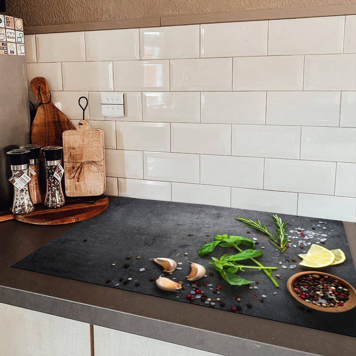 HERDABDECKPLATTE Limette - Kräuter - Gewürze - Grün - Grau - Beton Induktionsmatte 81x52 cm - Grün, Kunststoff (81/52/0.2cm) - MuchoWow