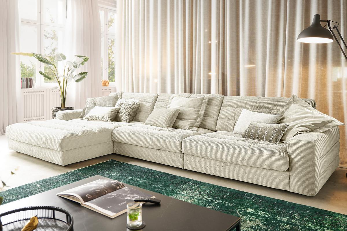ECKSOFA XL LANA Cremeweiß Cord - Creme/Schwarz, Textil (416/205cm) - KAWOLA