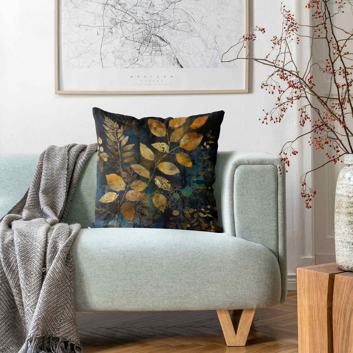 DEKOKISSEN Goldene und blaue Blätter 40/40 cm - Schwarz, Textil (40/40/10cm) - Bilderwelten