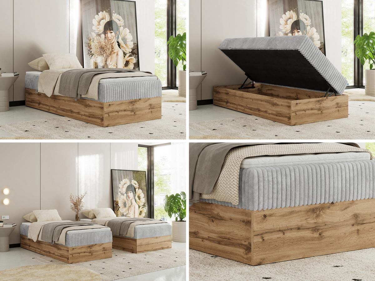BOXBETT WOOD ZERO 90/200 - Hellgrau Cord - H3 - Topper T25 - Hellgrau, Textil (90/200cm) - MKS