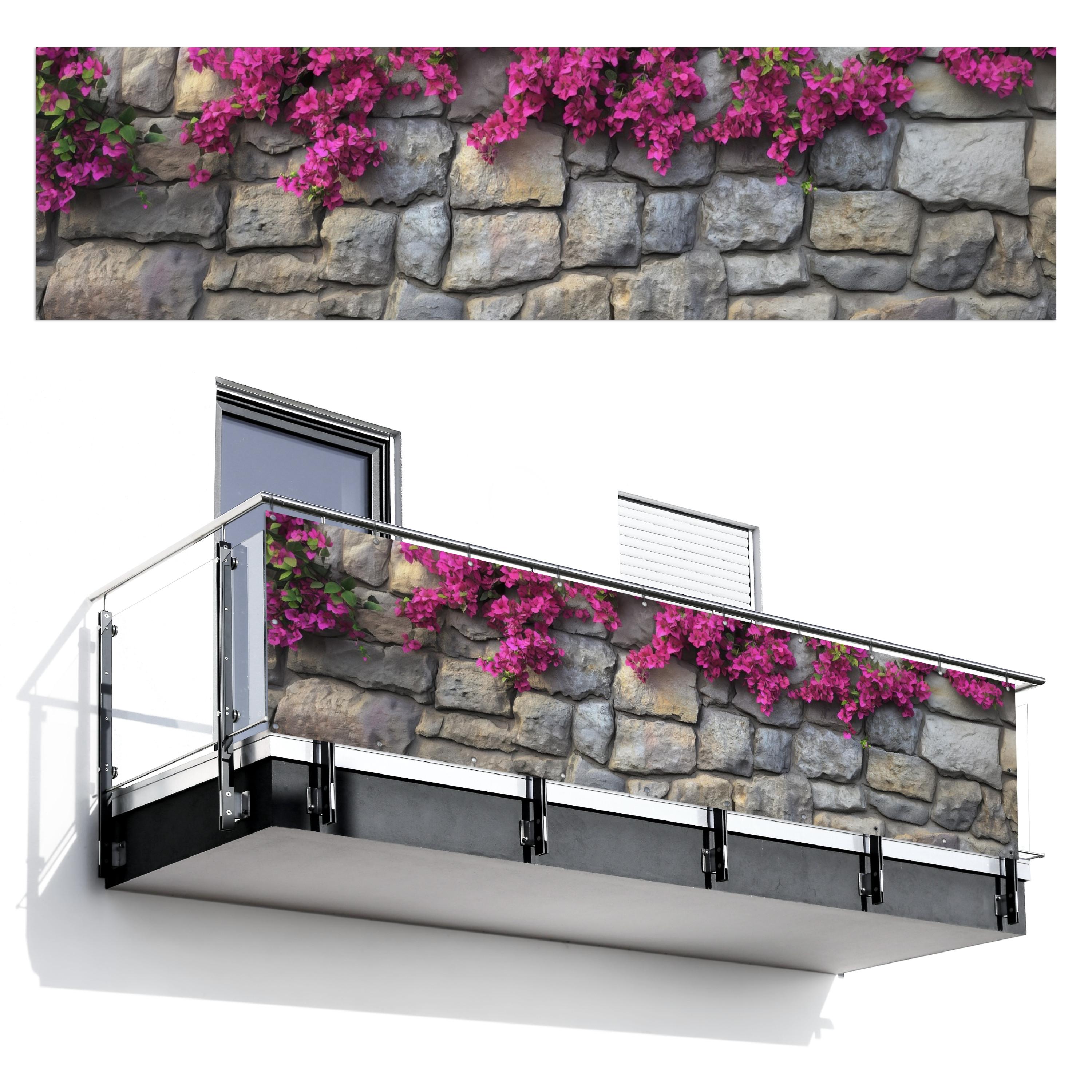 BALKON-SICHTSCHUTZ Bougainvillea - Steinmauer - Rosa Witterungsbeständig 300x80 cm - Magenta, Kunststoff (300/80cm) - MuchoWow