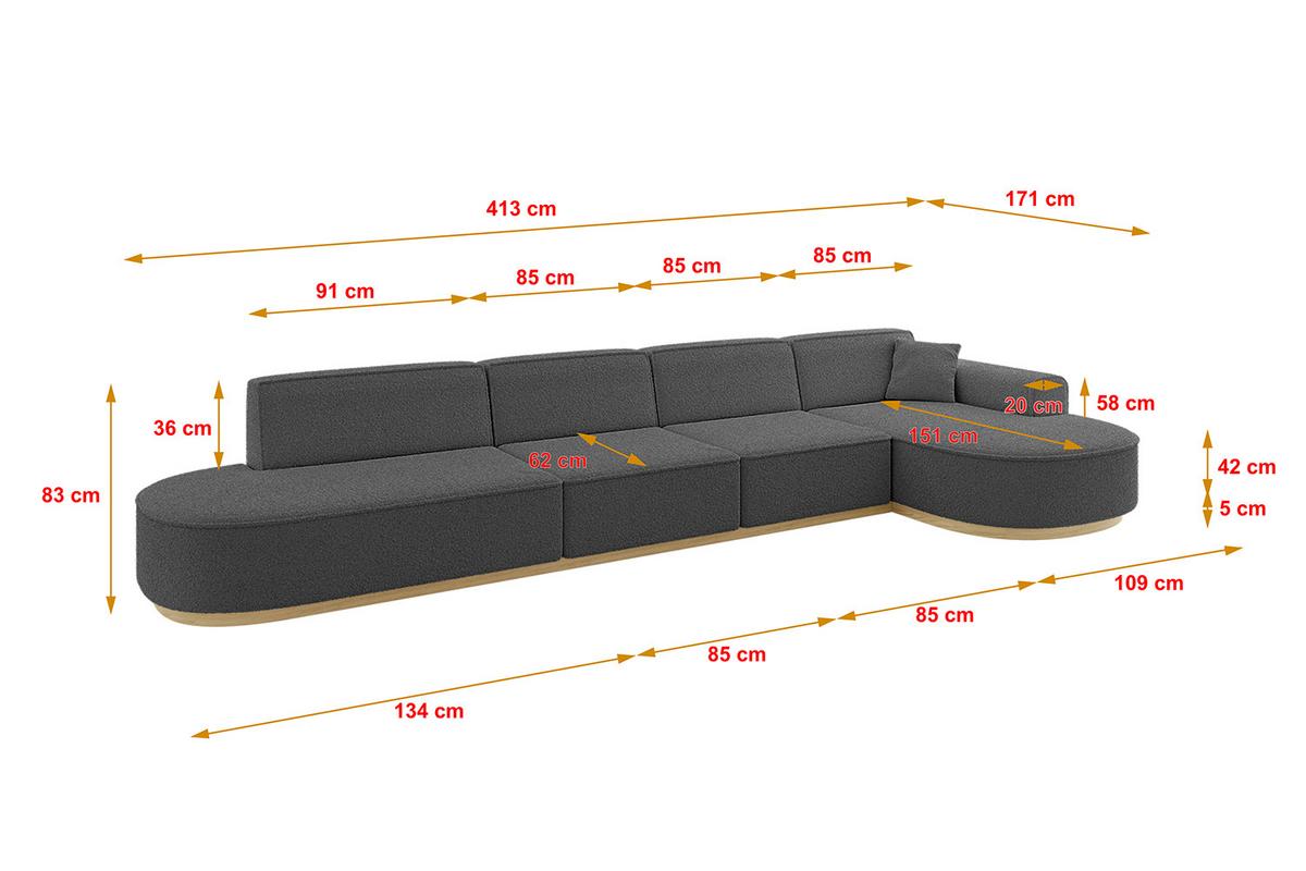 ECKSOFA Ottomane Rechts MARI-L3-v2 - 413x171x83 cm Grau Bouclé - Grau, Holzwerkstoff/Textil (171/413cm) - ALTDECOR