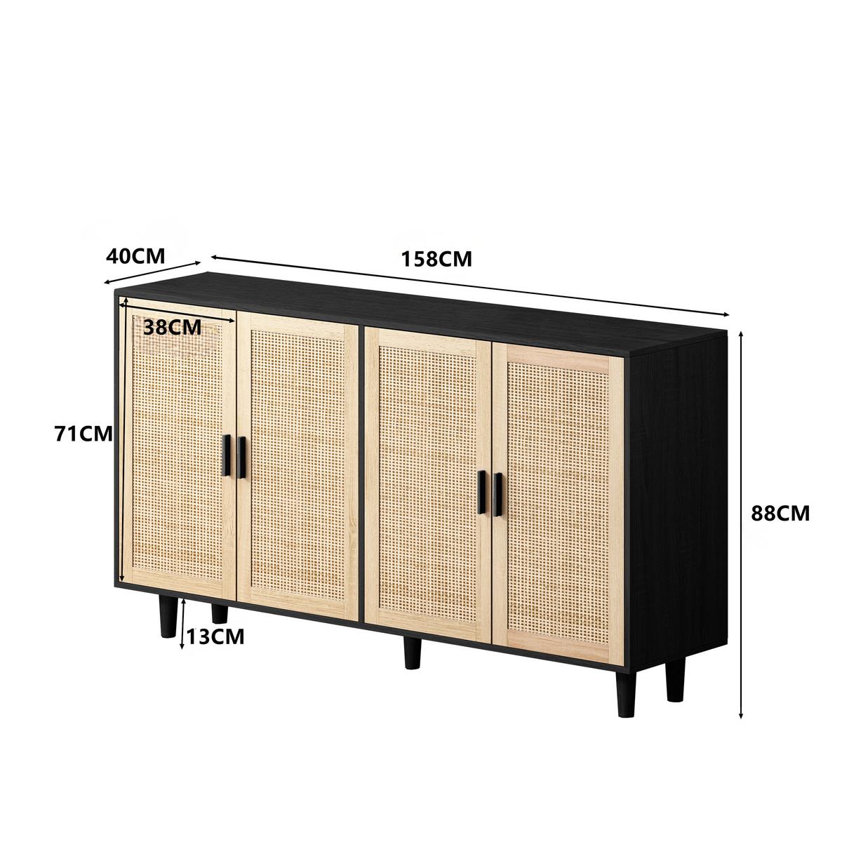 SIDEBOARD holzwerkstoff in schwarz mit rattan-fronten, 4 türen - Schwarz, Holzwerkstoff (158/88/40cm) - Urban Meuble