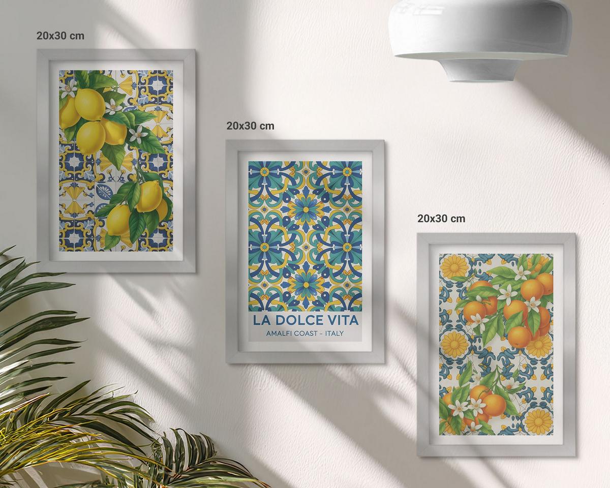 BILDER SET 3er Set - 20x30 cm Silberner Rahmen - Zitronen, Orangen, Blumen, Italien - Silberfarben, Kunststoff (20/30cm) - TULUP