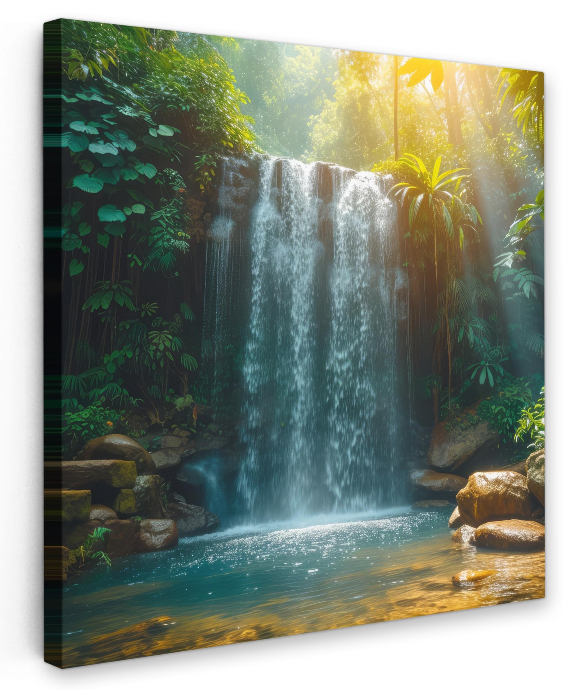 LEINWANDBILD Wasserfall - Dschungel - Sonne - Grün - Natur Deko Groß 90x90 cm - Grün, Textil (90/90cm) - MuchoWow