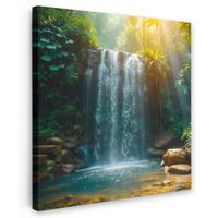 LEINWANDBILD Wasserfall - Dschungel - Sonne - Grün - Natur Deko Groß 90x90 cm - Grün, Textil (90/90cm) - MuchoWow