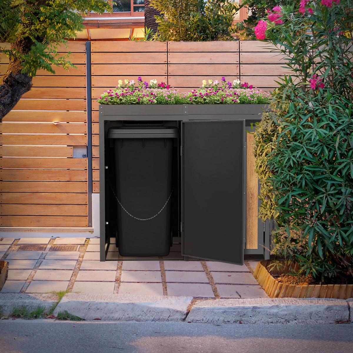 MÜLLTONNENBOX 4er mit Pflanzdach 240L Anthrazit-Holzoptik aus Stahl - Hellbraun, Metall (80/124/260cm) - ML-DESIGN
