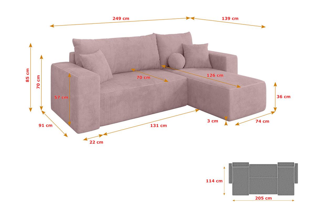 ECKSOFA mit Schlaffunktion Ottomane Rechts SENO-L 249x139x85 Rosa Cord - Schwarz/Rosa, Holzwerkstoff/Kunststoff (249/139cm) - ALTDECOR