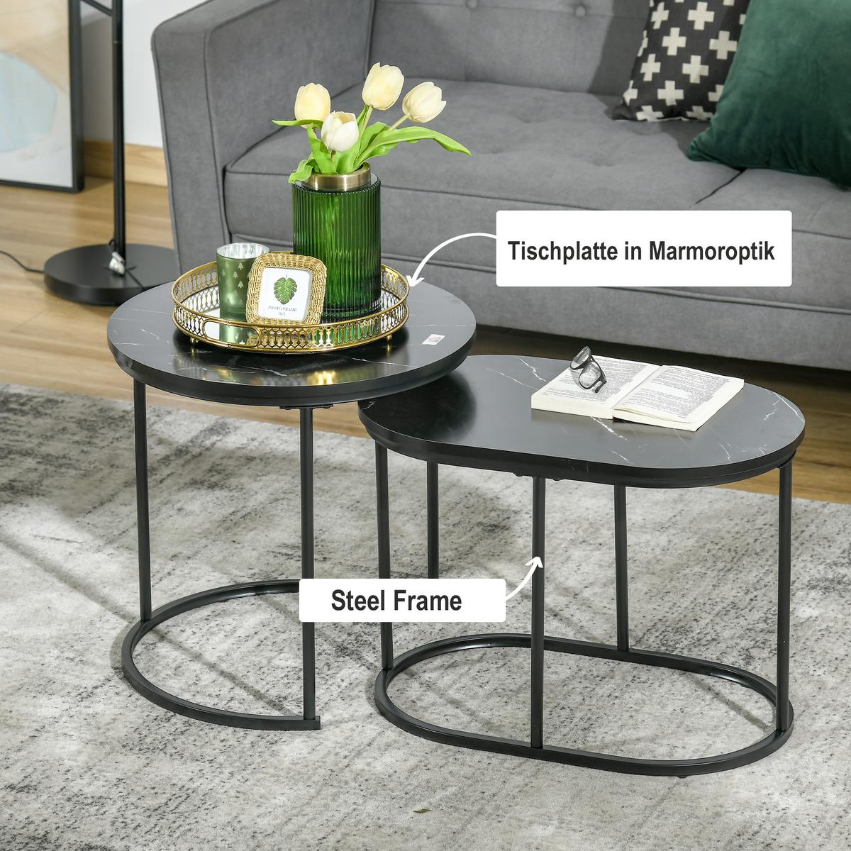 2ER Set Couchtisch Satztisch Rund mit Faux Marmor Seite bis 30 kg Stahl Schwarz - Schwarz, Metall (50/50/50.5cm) - HOMCOM