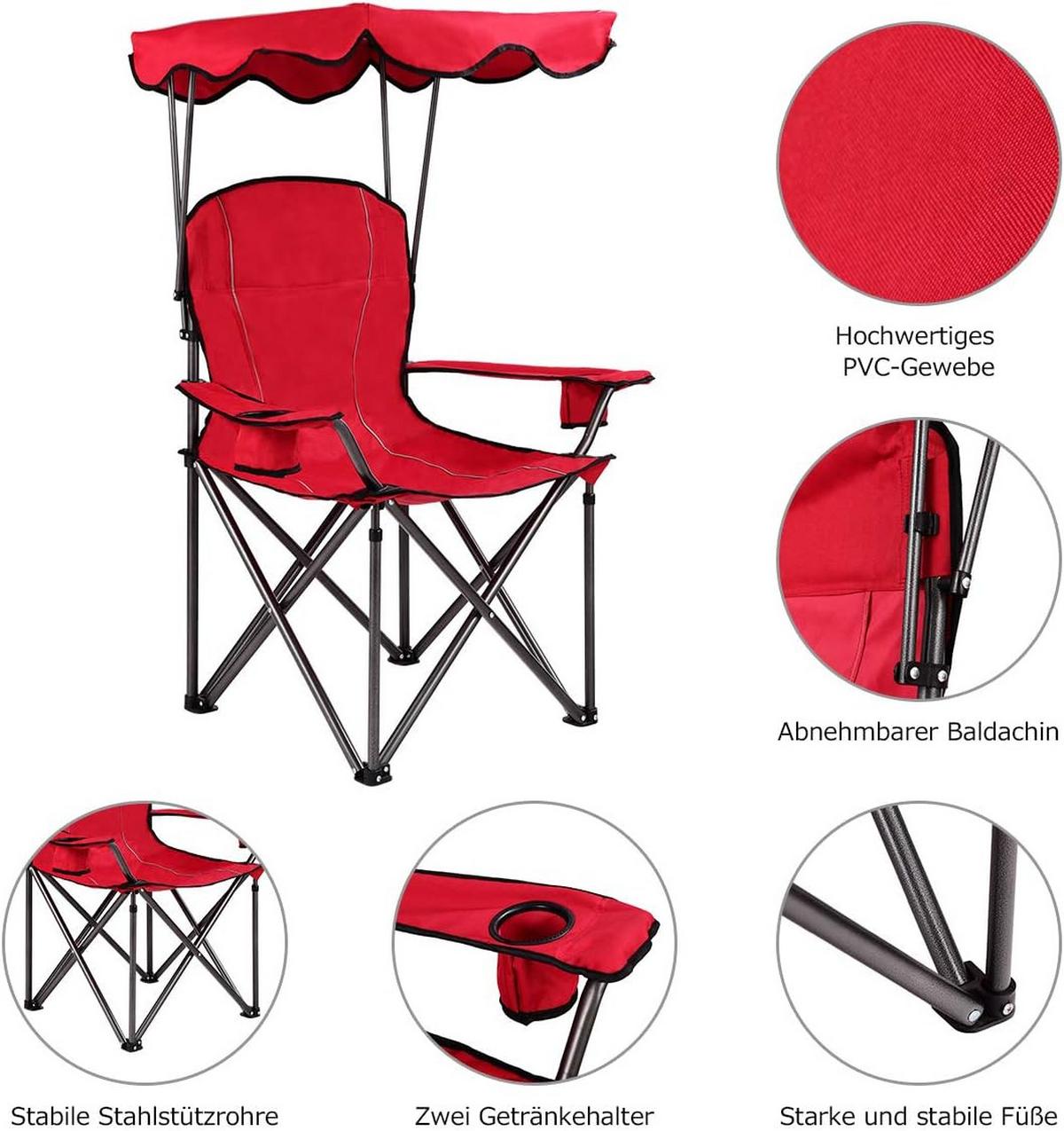 CAMPINGSTUHL mit Sonnendach Rot - Rot, Metall (97/130/68cm) - COSTWAY