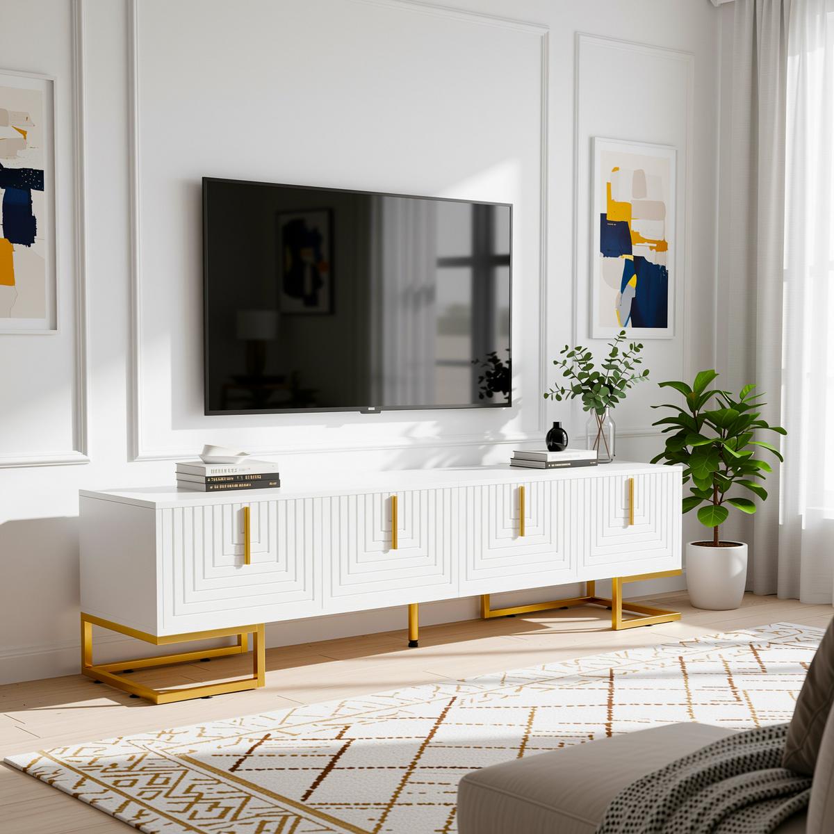 TV-SCHRANK Weiß mit Goldbeinen & 4 Türen Geometrisches Design 170×45 cm - Sonoma Eiche, Holzwerkstoff (170/46/40cm) - Urban Meuble