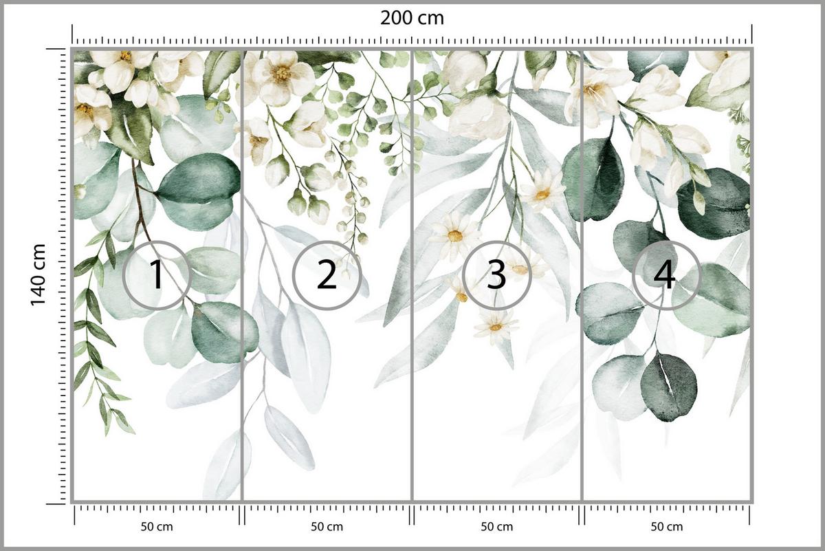 FOTOTAPETE für Schlafzimmer Aquarell Blätter Blumen Weiß 200x140 - Gelb/Weiß, Papier (200/140cm) - Muralo