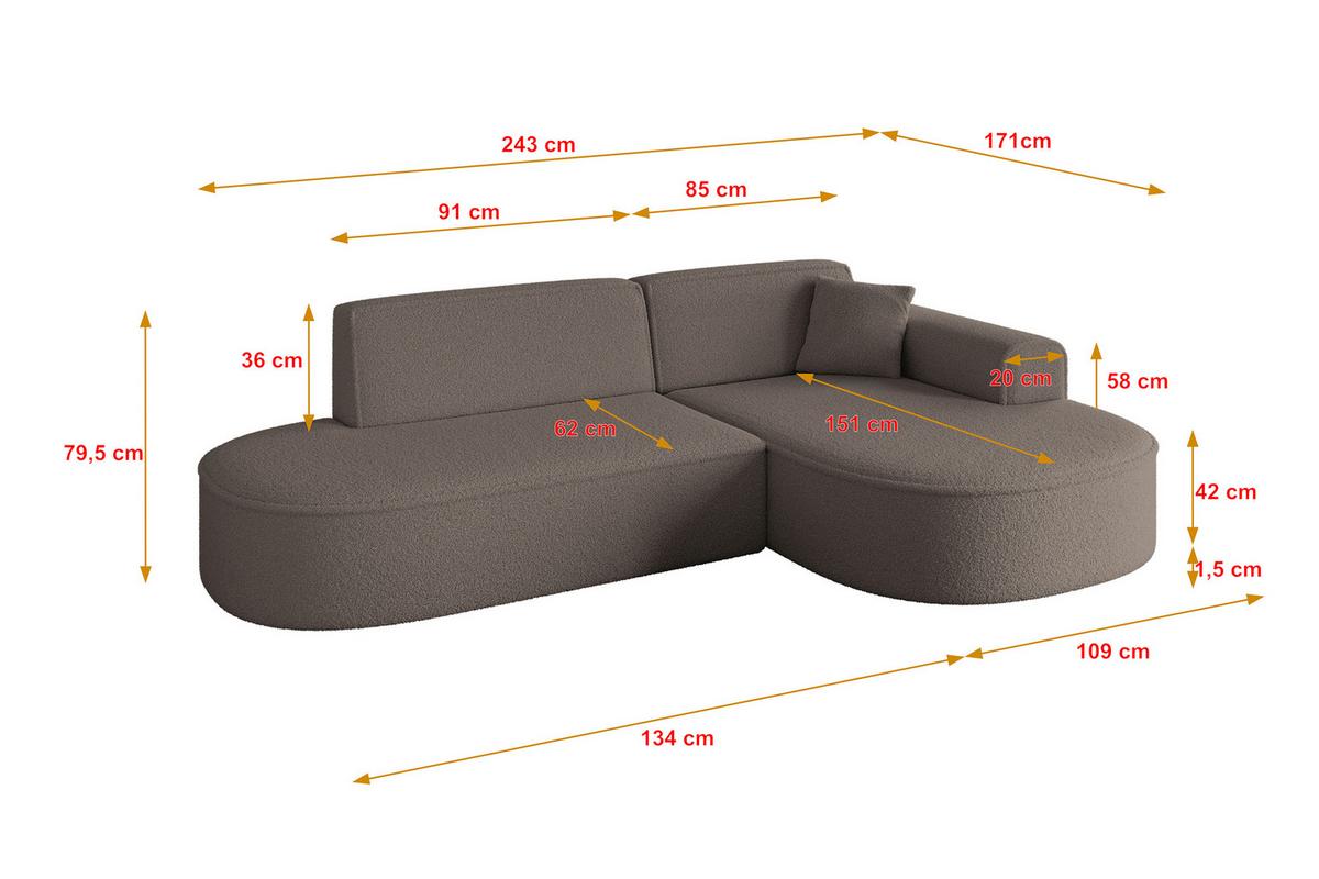 ECKSOFA Ottomane Rechts MARI-L1 - 243x171x79 cm Braun Bouclé - Schwarz/Braun, Holzwerkstoff/Kunststoff (171/243cm) - ALTDECOR