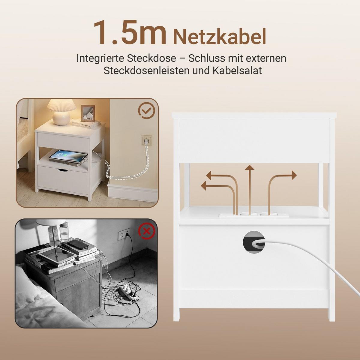 NACHTTISCH 4-in-1 Ladefunktion mit Schublade und Ablage, Weiß 45x38x55,5cm - Weiß, Holzwerkstoff (45/55/38cm) - SoBuy