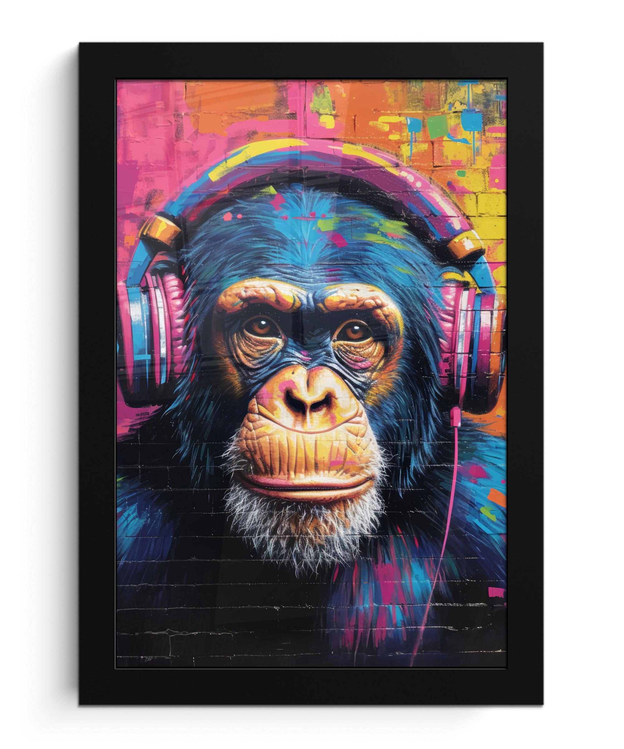 POSTER MIT RAHMENGERAHMTES BILD Graffiti - Schimpanse - Straßenkunst - Kopfhörer - Affe Poster 20x30 cm - Blau, Papier (20/30cm) - MuchoWow