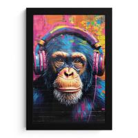 POSTER MIT RAHMENGERAHMTES BILD Graffiti - Schimpanse - Straßenkunst - Kopfhörer - Affe Poster 20x30 cm - Blau, Papier (20/30cm) - MuchoWow