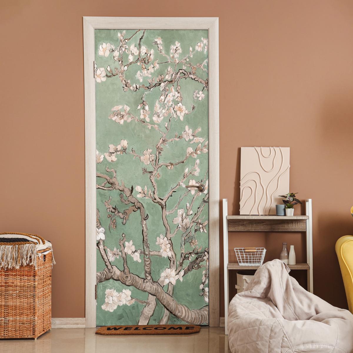TÜRAUFKLEBER Mandelblüte - Kunst - Van Gogh - Grün 90x235 cm - Türtapete - Salbeigrün, Kunststoff (90/0.1cm) - MuchoWow